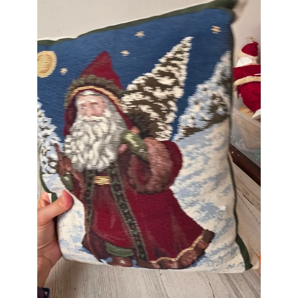 Vintage embroidered father Santa Claus pillow Xmas decor winter scene